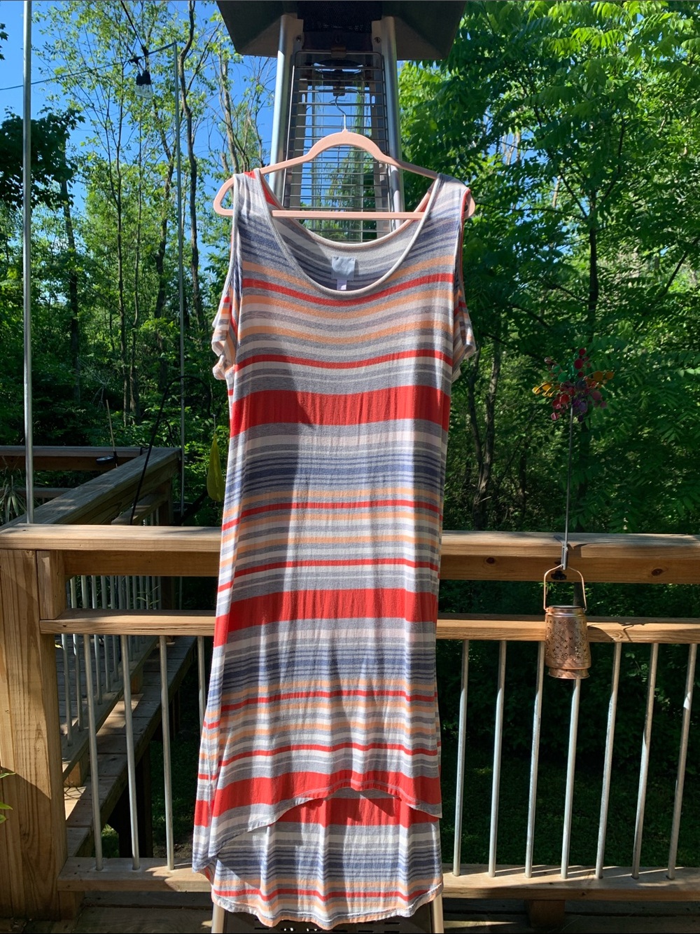 dressbarn Striped High-Low Dress in Red, Gray, Blue, Cream